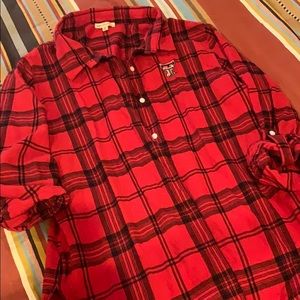 Red/black plaid Texas Tech shirt.